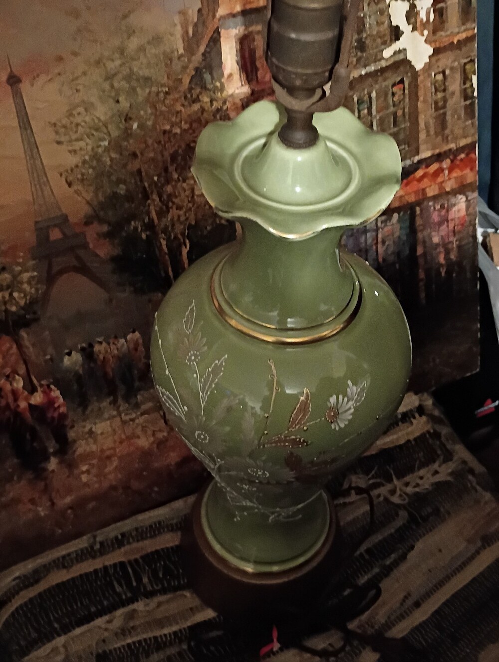 1940s Vintage  -Green Floral Porcelain Table Lamp by Royal Haeger